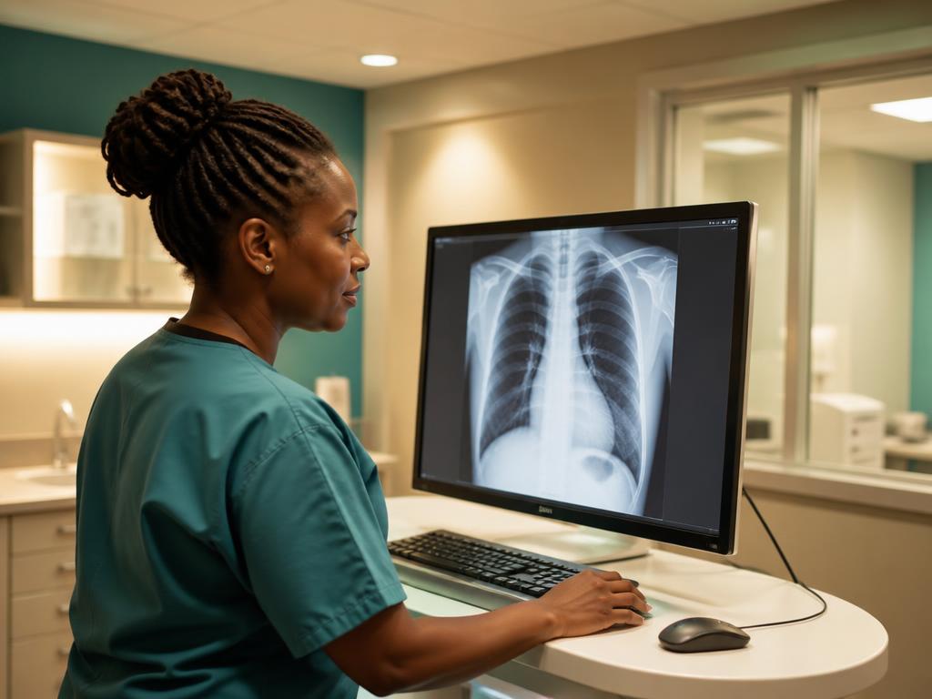 Radiographer reviewing diagnostic images on a monitor